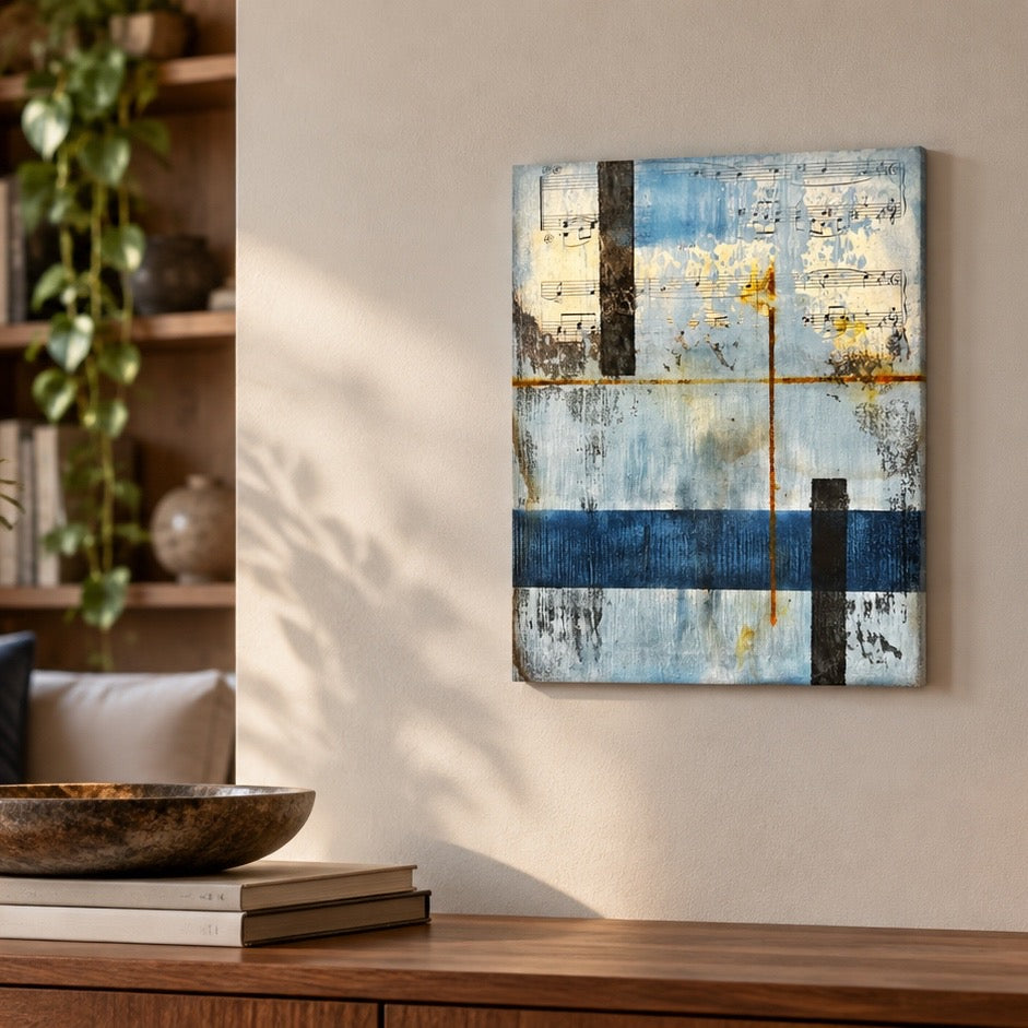 ECHOES OF A FORGOTTEN MELODY | Original Geometric Abstract Painting with Vintage Music Sheet Collage