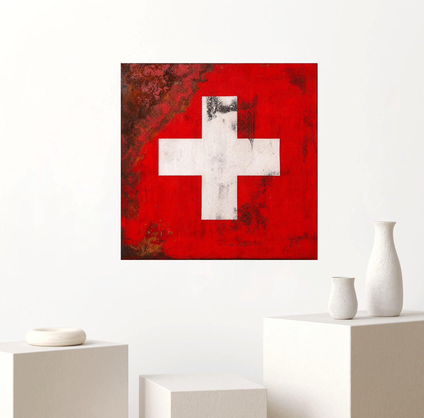 The Border That Came Home – Original Swiss Flag Textured Painting | 20x20” Mixed Media