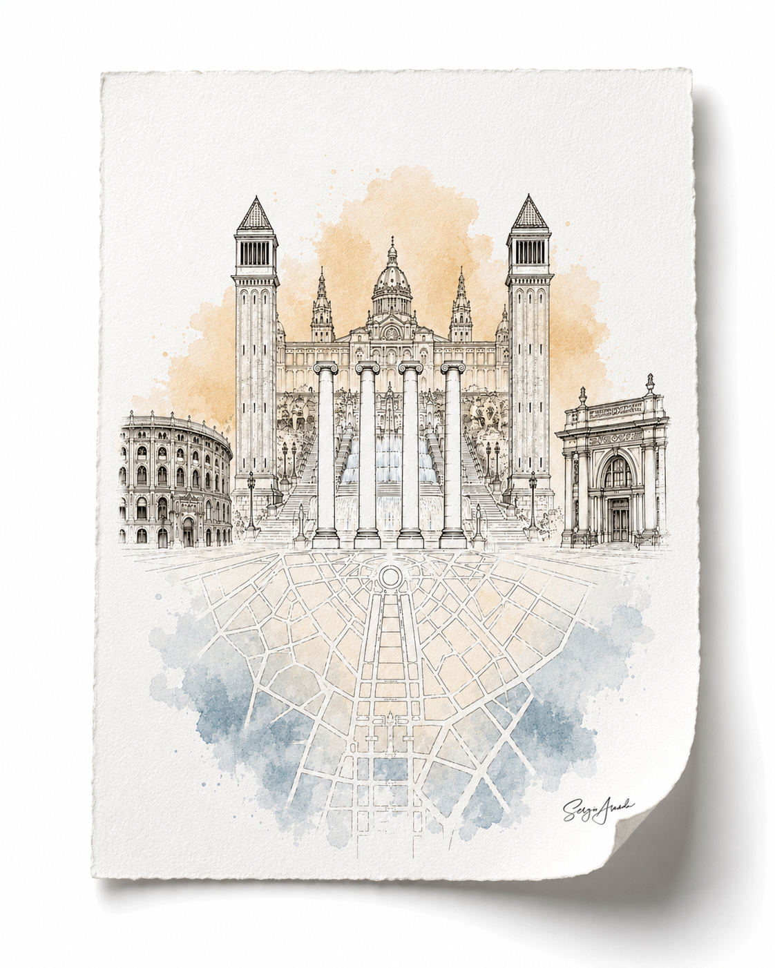Urban Grids: Barcelona Plaza España Architecture | 22x31”