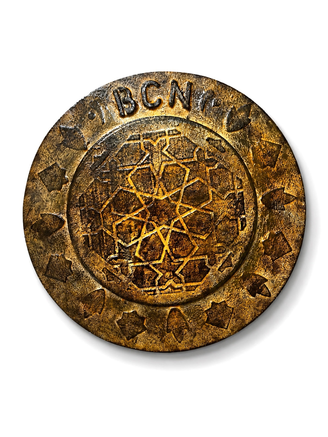 Barcelona Iron Rosette II | Original 3D Relief Wall Sculpture | Architectural Mixed Media on Round Canvas | 11.8 in