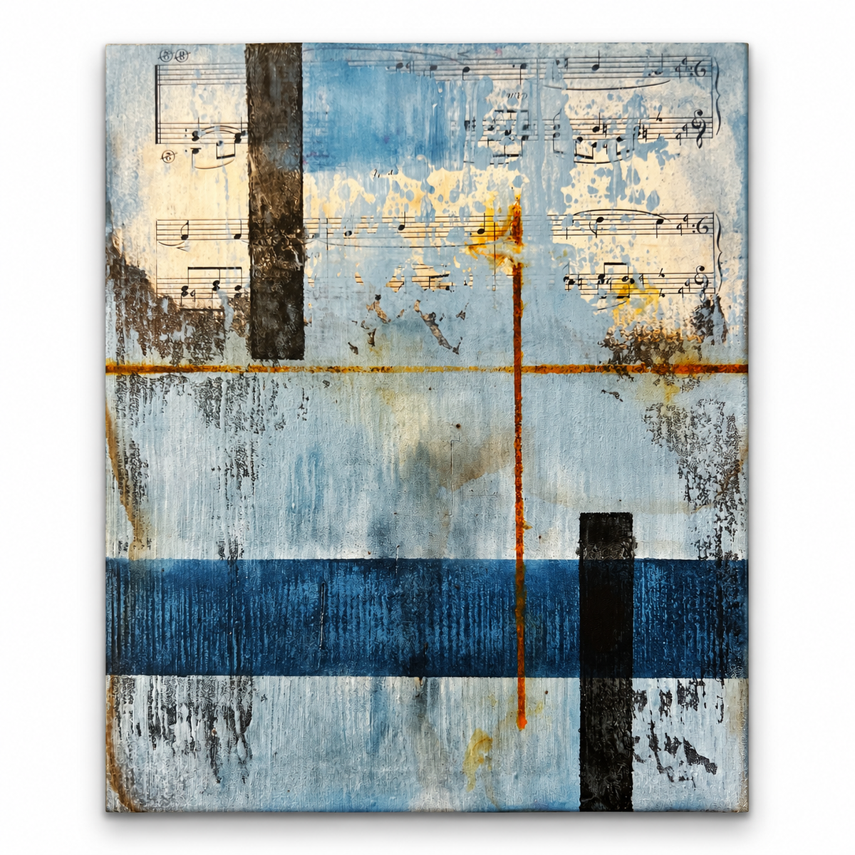 ECHOES OF A FORGOTTEN MELODY | Original Geometric Abstract Painting with Vintage Music Sheet Collage