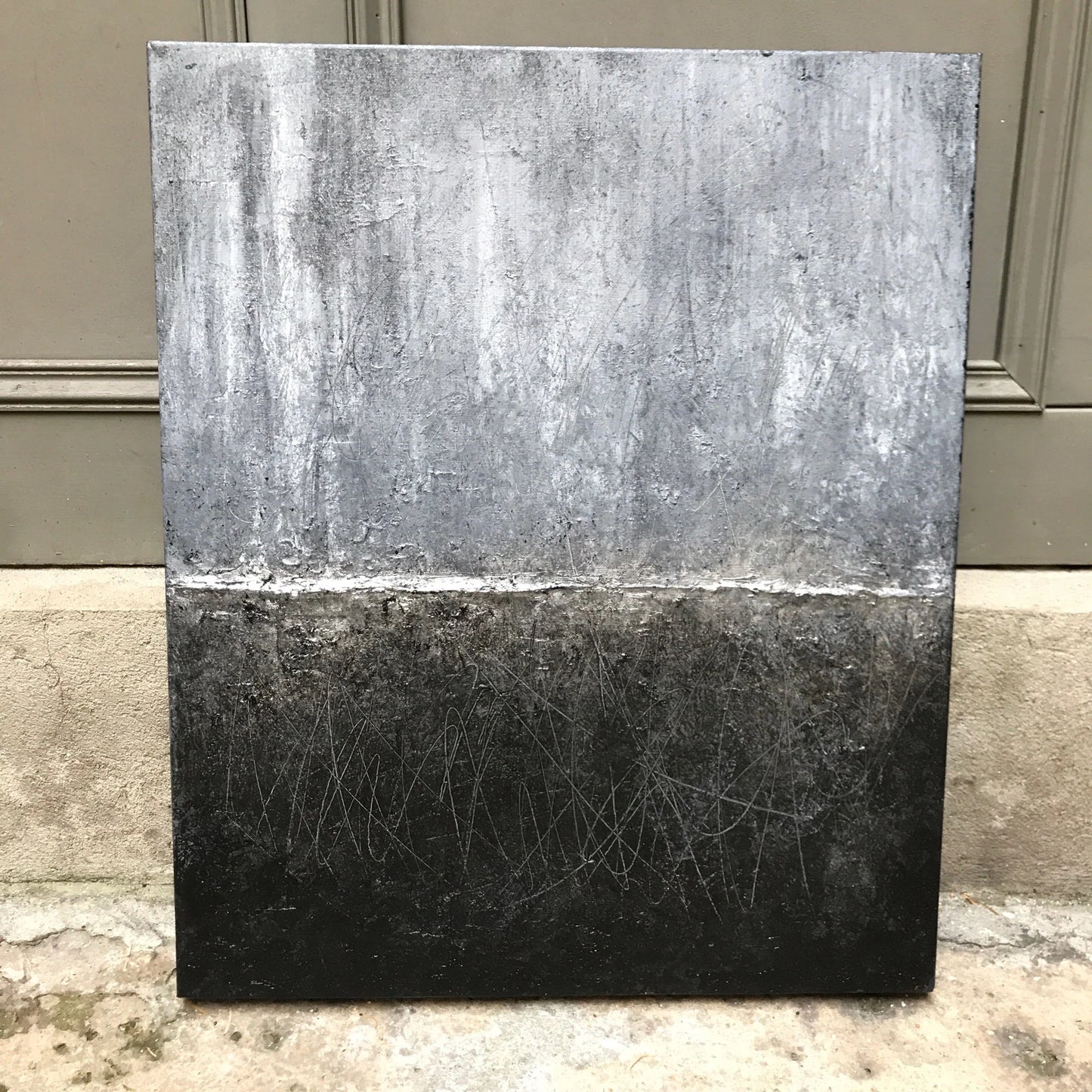 Silent Horizon | Original Minimalist Abstract Painting | Black, Silver & Grey Mixed Media on Textured Canvas | 60 x 50 cm