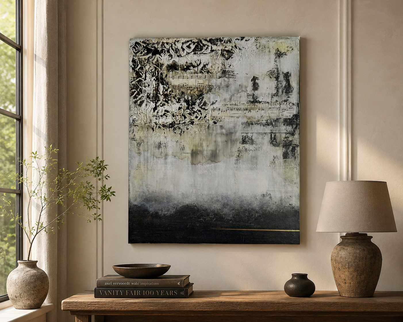 Whispers of Time – Textured Contemporary Collage Painting Inspired by Architecture and Vintage Sheet Music, Mixed Media on Canvas, 19.7 x 15.7 Inches