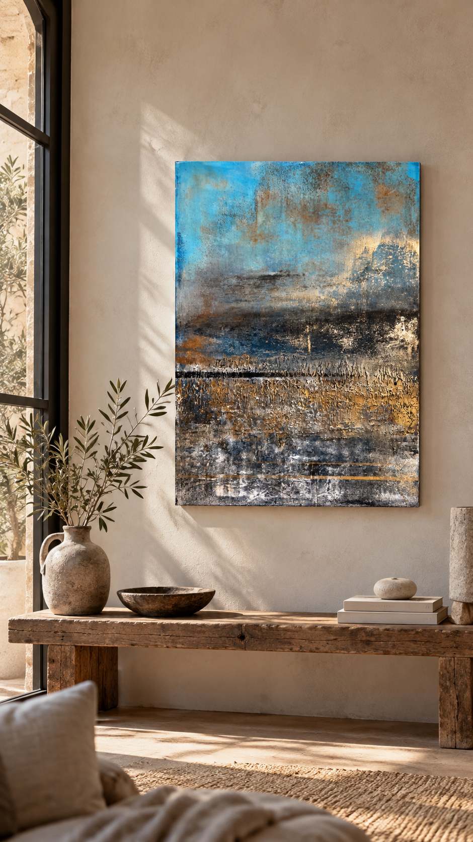 ECHOES OF THE HORIZON | Blue & Gold Textured Abstract Painting – Sergio Aranda