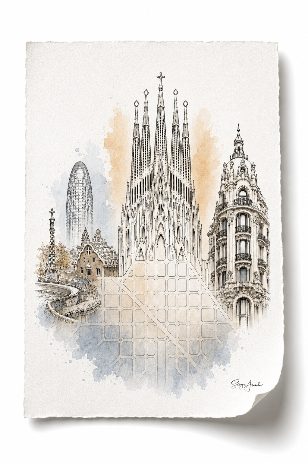 Urban Grids: Barcelona Sagrada Familia, Park Güell & Casa Comalat | 22x31”