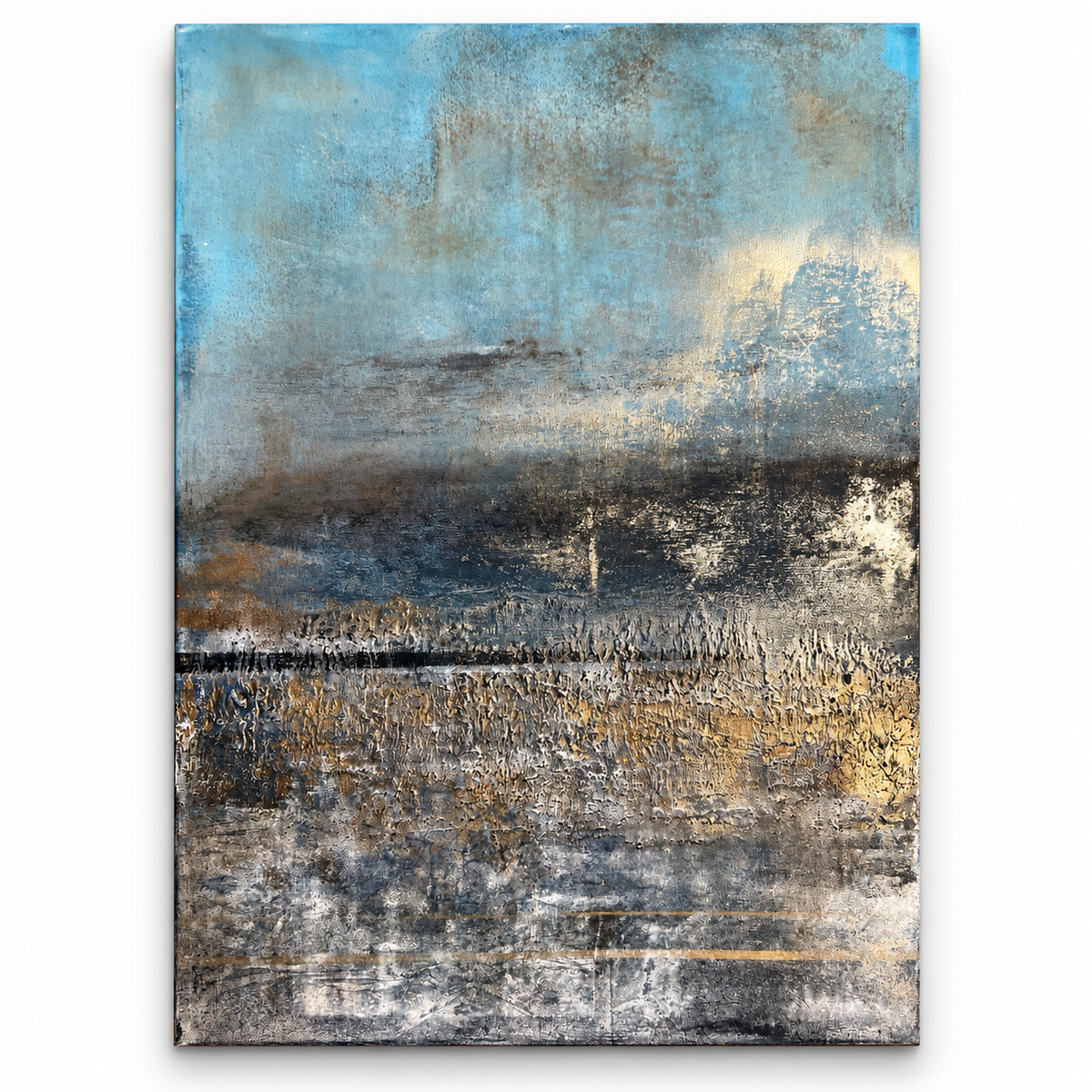ECHOES OF THE HORIZON | Blue & Gold Textured Abstract Painting – Sergio Aranda
