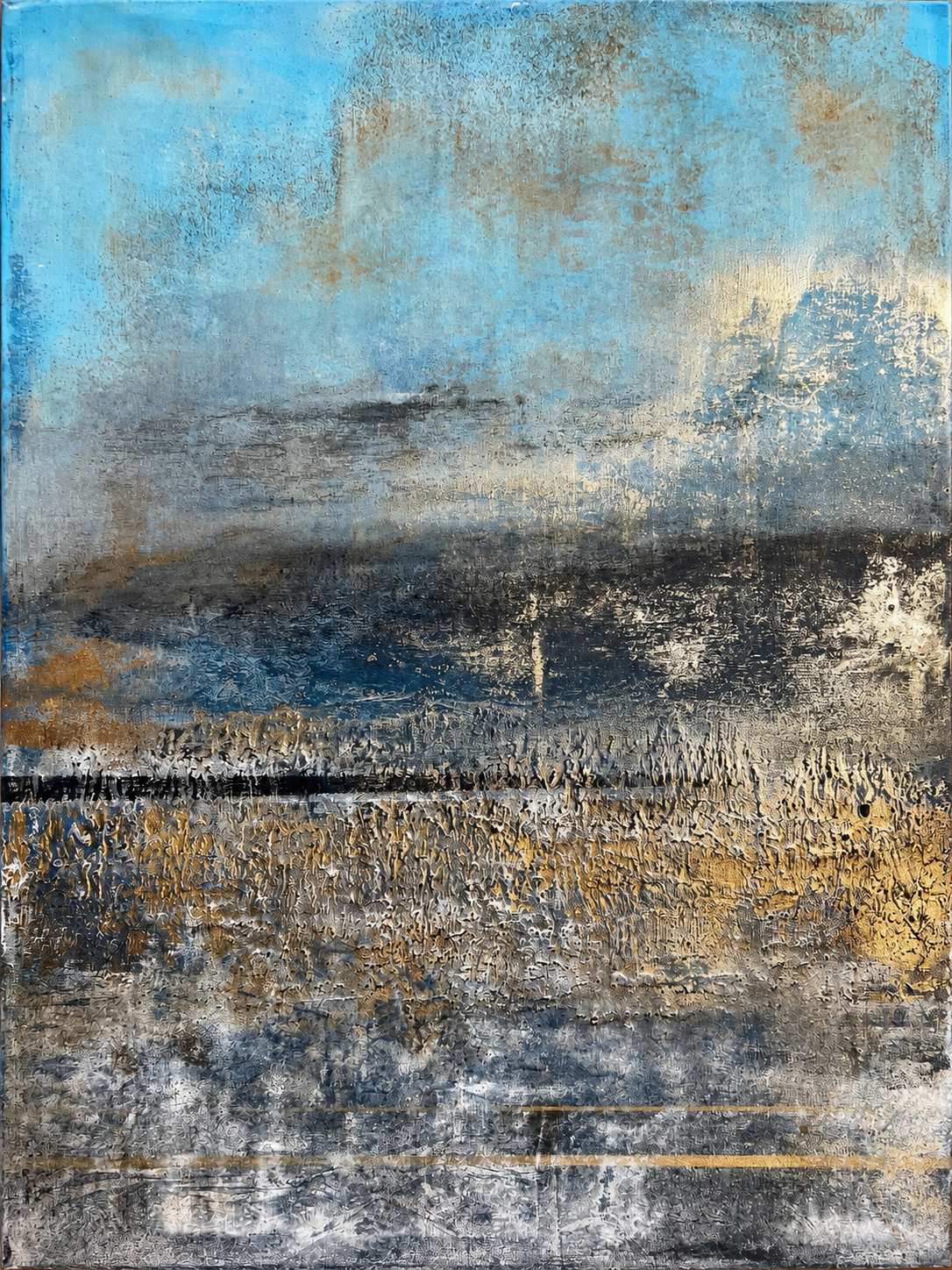 ECHOES OF THE HORIZON | Blue & Gold Textured Abstract Painting – Sergio Aranda