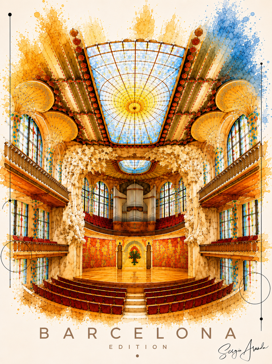 Original Barcelona Palau de la Musica Art | Hand-Pulled Fine Art Serigraph 56x78cm (22x31") by Sergio Aranda