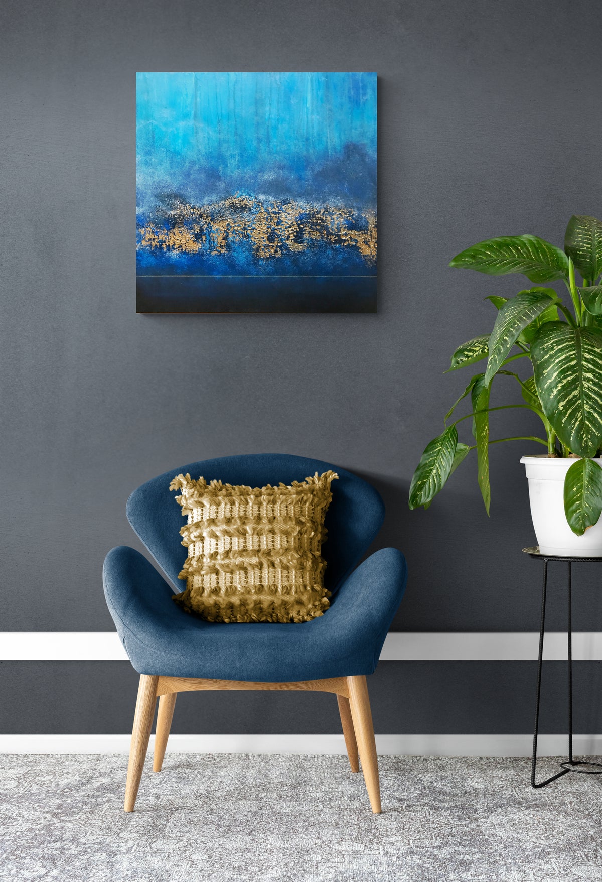 Blue & Gold Textured Abstract Painting "Golden Depths" – Original Mixed Media Art 50 × 50 cm