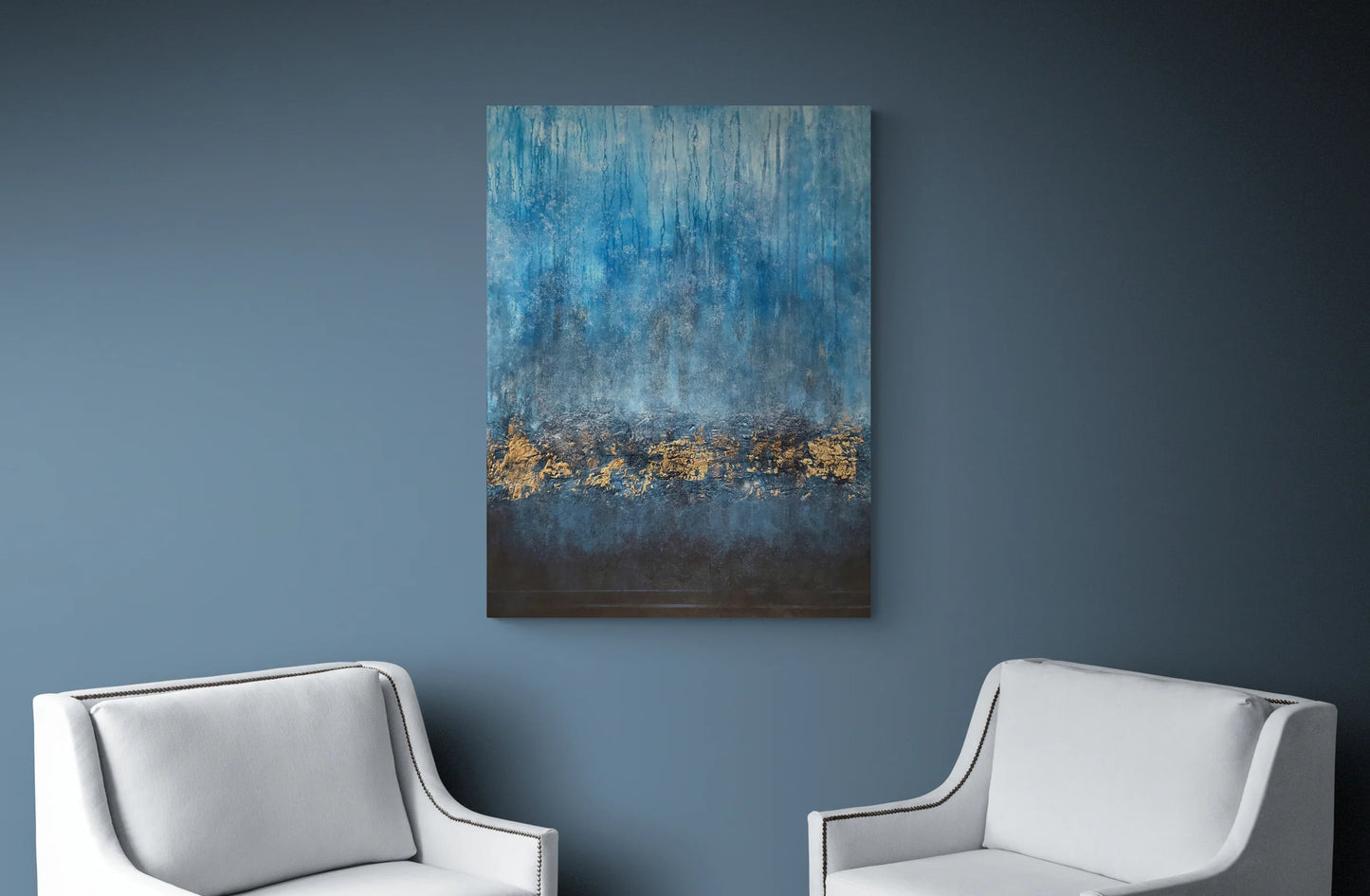 Le Ciel | Original Blue & Gold Abstract Painting | Textured Mixed Media on Canvas | 90 x 60 cm