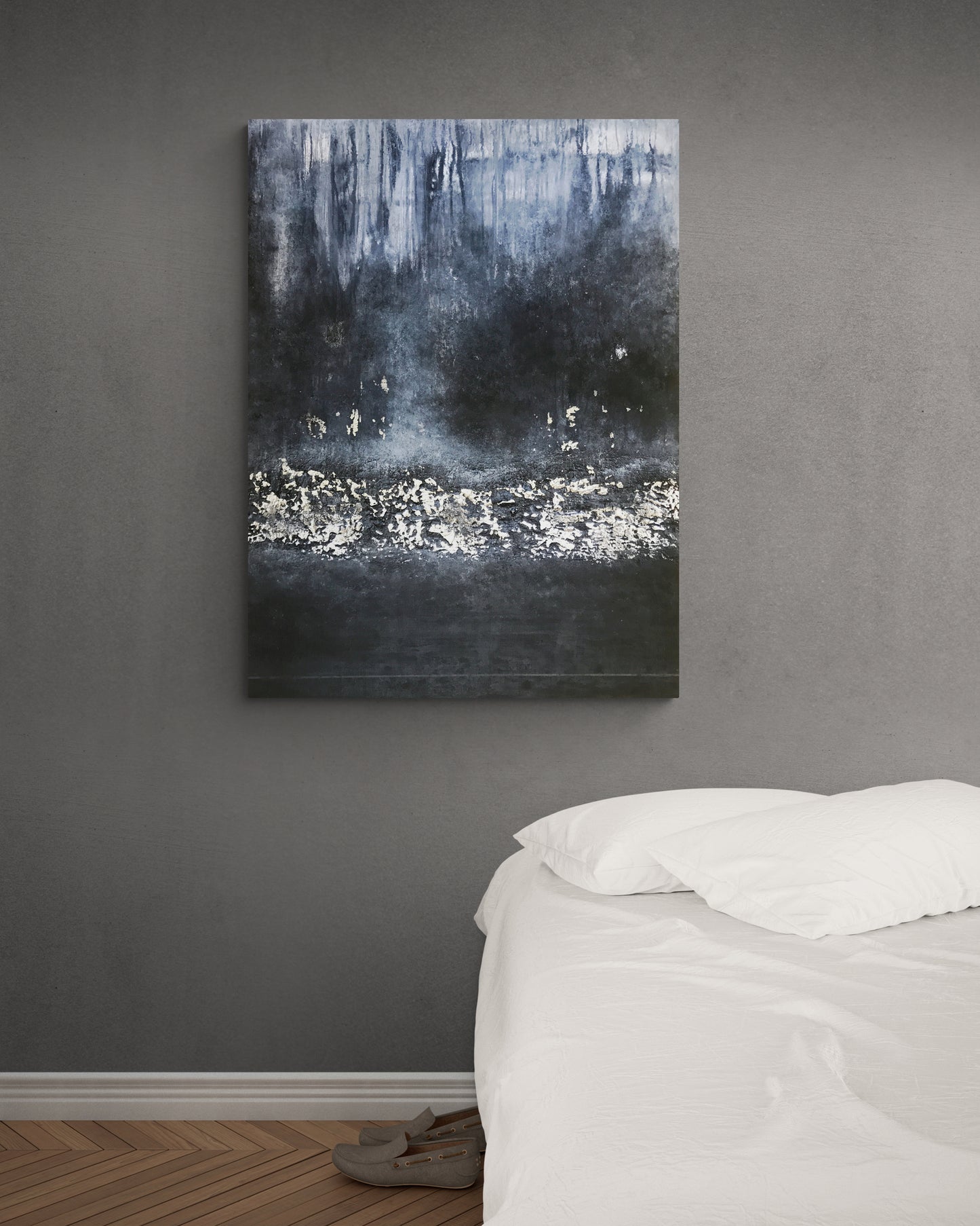 No. 2191 | Original Black & Silver Abstract Horizon Painting | Textured Mixed Media on Canvas | 35.4 × 23.6 in
