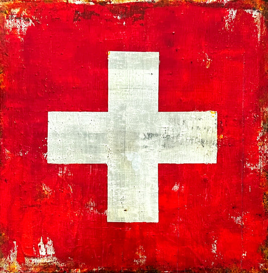 Rumantsch – Original Swiss Flag Textured Painting | 20x20” Mixed Media