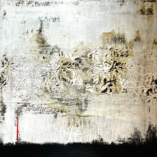 Square 20x20 inch contemporary abstract painting by Sergio Aranda, featuring weathered white baroque relief patterns, a solid black bottom border, and a thin vertical red line.