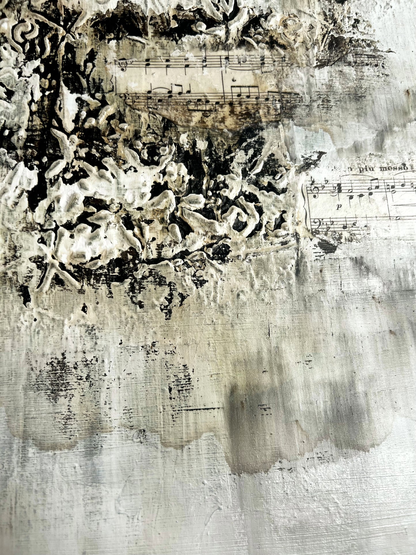 Whispers of Time – Textured Contemporary Collage Painting Inspired by Architecture and Vintage Sheet Music, Mixed Media on Canvas, 19.7 x 15.7 Inches