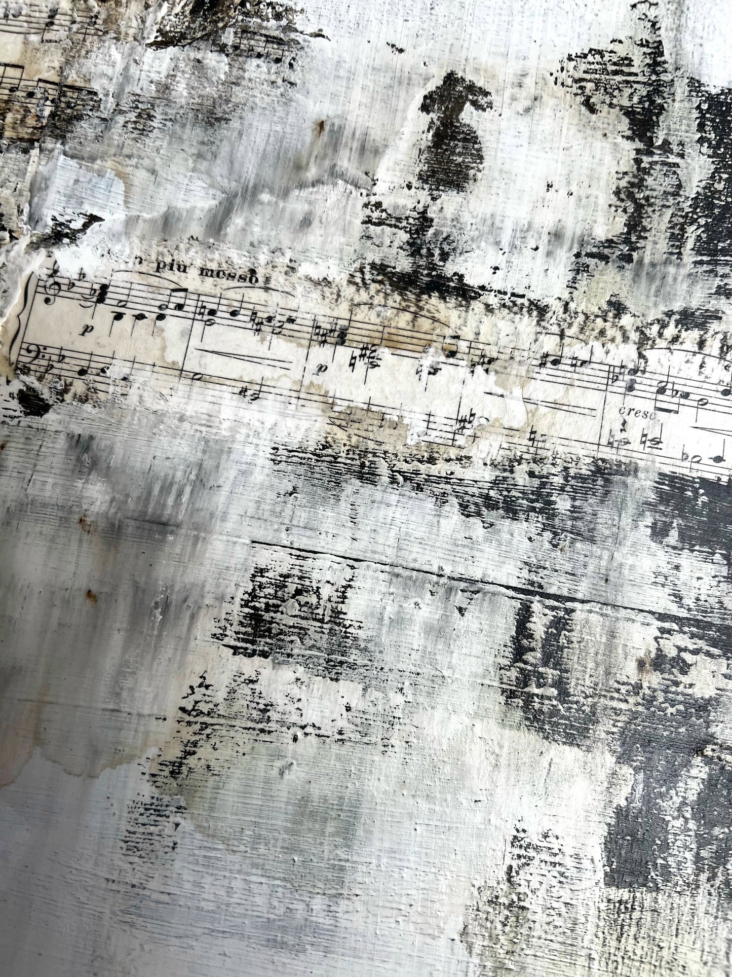 Whispers of Time – Textured Contemporary Collage Painting Inspired by Architecture and Vintage Sheet Music, Mixed Media on Canvas, 19.7 x 15.7 Inches