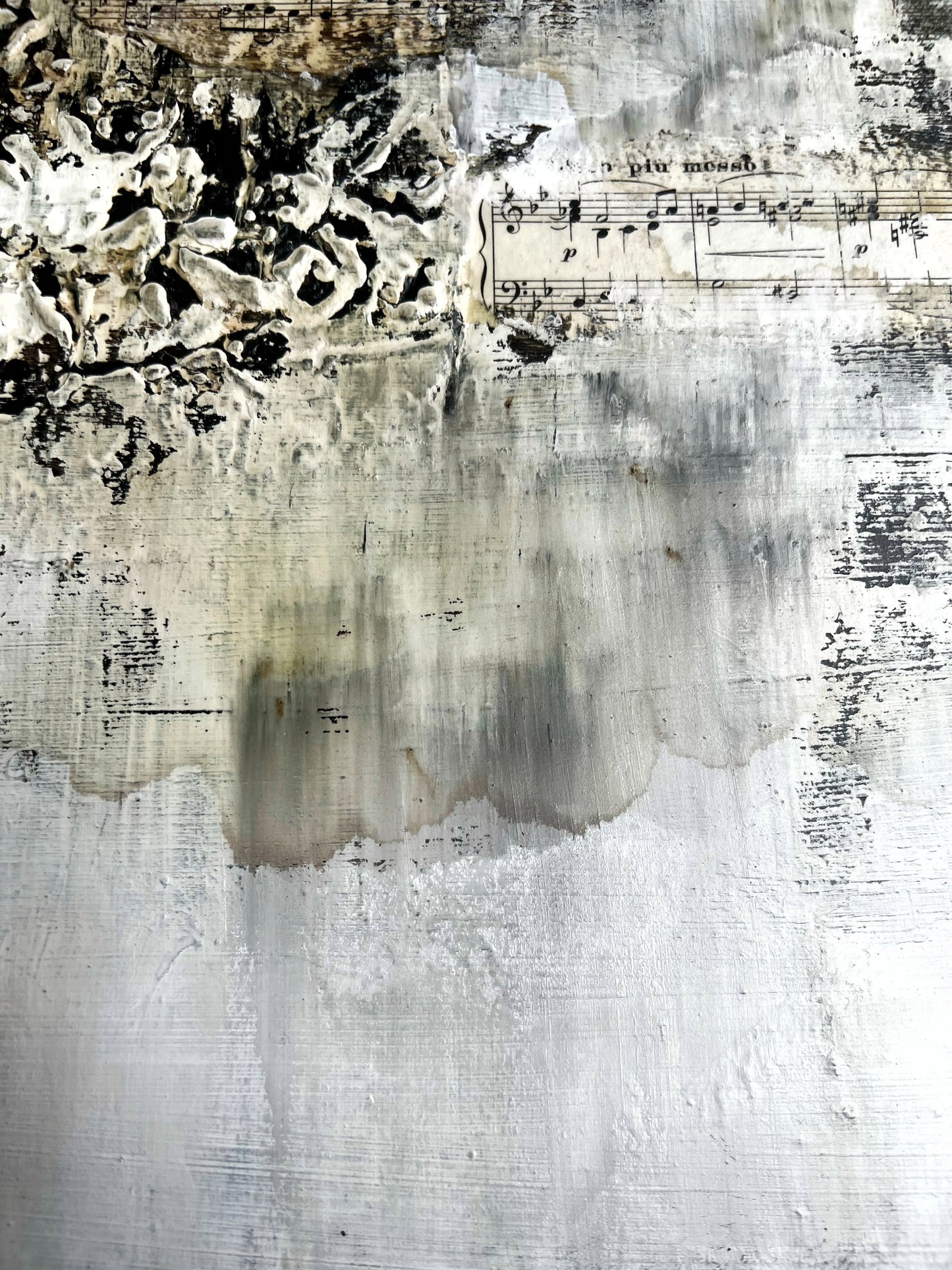 Whispers of Time – Textured Contemporary Collage Painting Inspired by Architecture and Vintage Sheet Music, Mixed Media on Canvas, 19.7 x 15.7 Inches