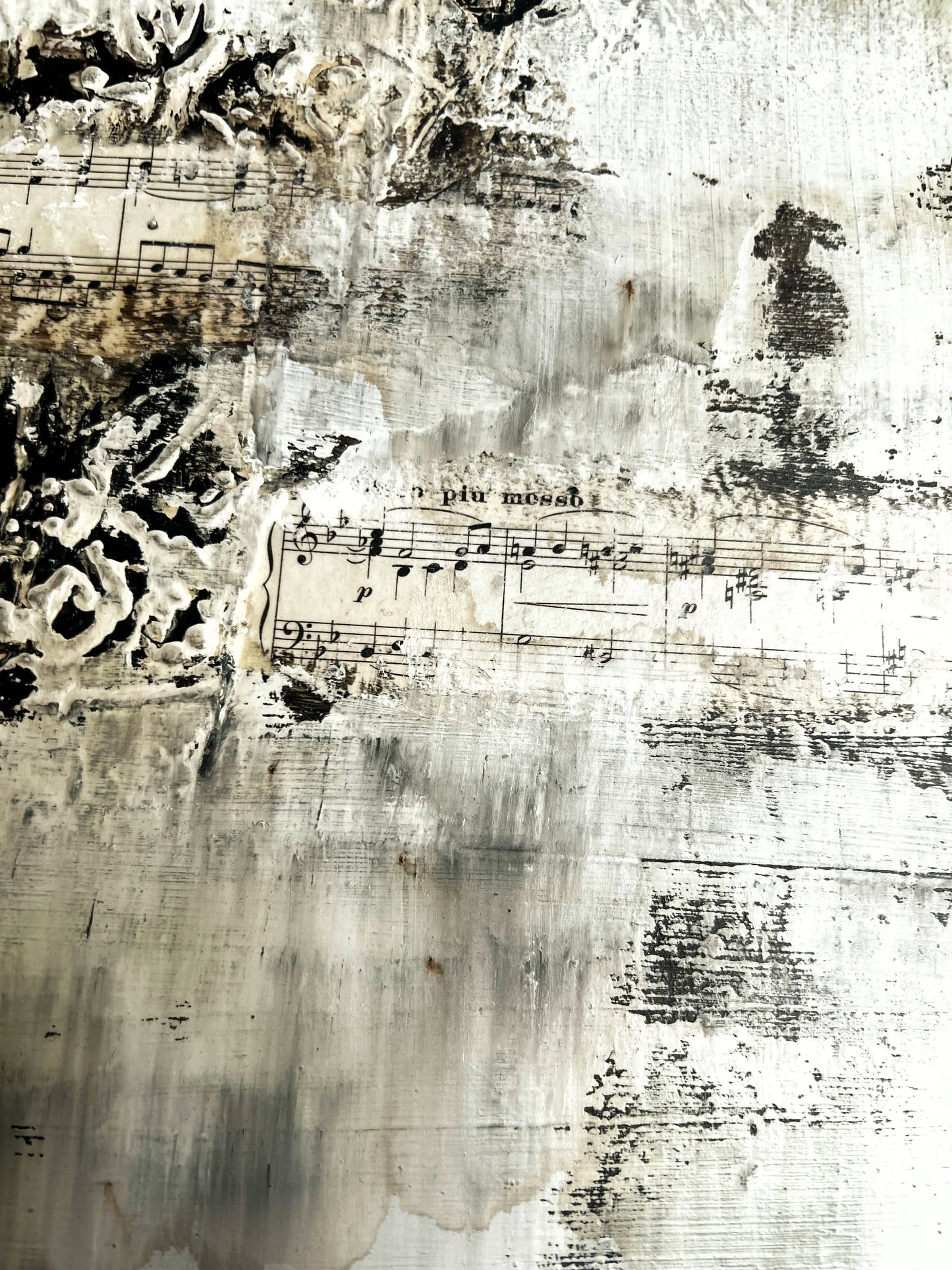 Whispers of Time – Textured Contemporary Collage Painting Inspired by Architecture and Vintage Sheet Music, Mixed Media on Canvas, 19.7 x 15.7 Inches