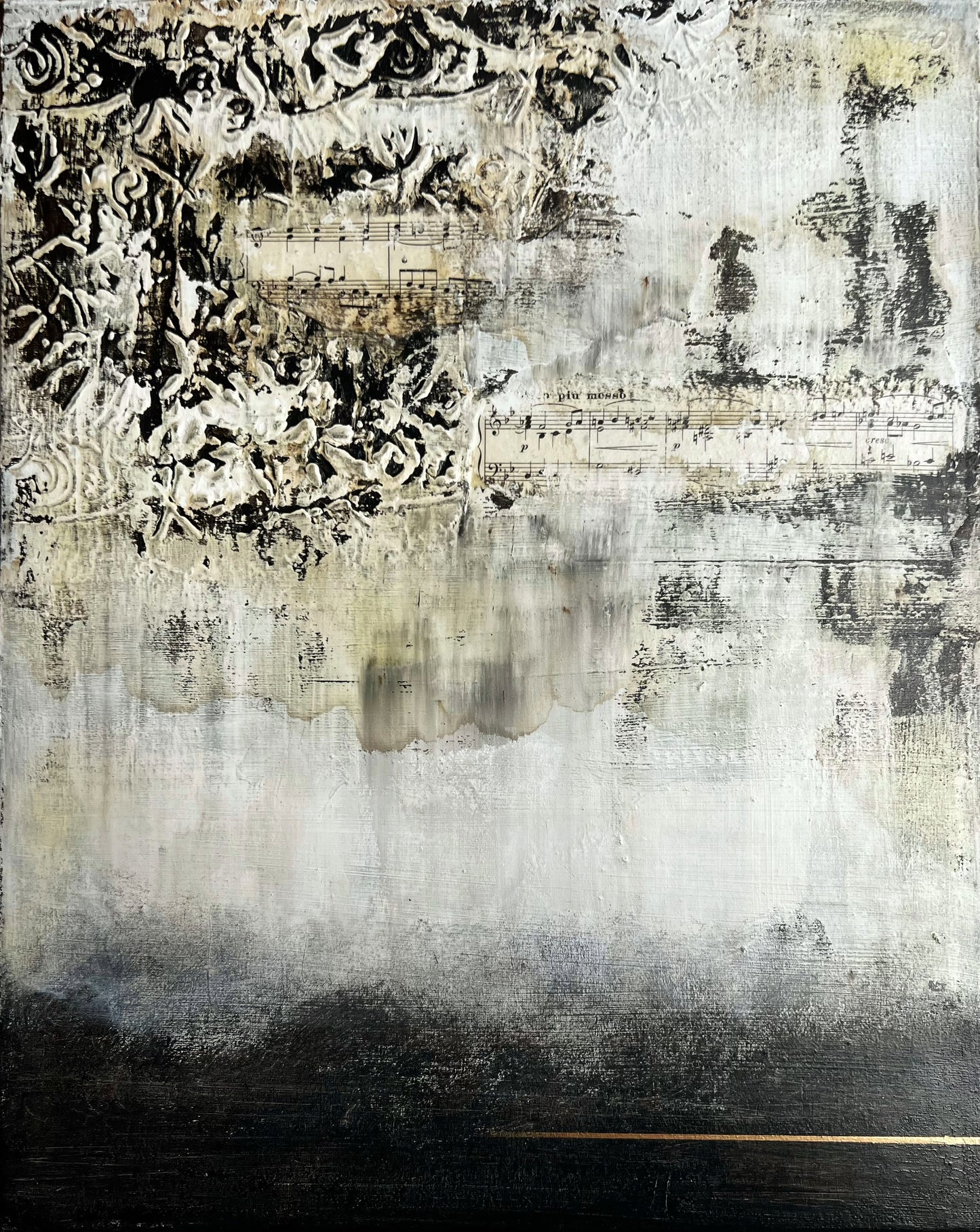 Whispers of Time – Textured Contemporary Collage Painting Inspired by Architecture and Vintage Sheet Music, Mixed Media on Canvas, 19.7 x 15.7 Inches