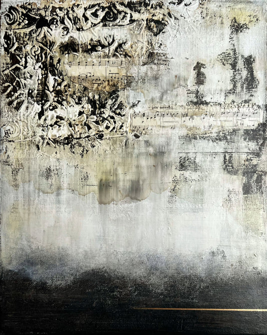 Whispers of Time – Textured Contemporary Collage Painting Inspired by Architecture and Vintage Sheet Music, Mixed Media on Canvas, 19.7 x 15.7 Inches