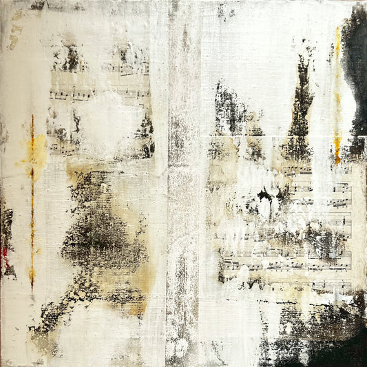 Faded Echoes – Contemporary Minimalist Collage Painting with Vintage Sheet Music, Organic Erosion and Subtle Rust Accents | Mixed Media on Canvas | 20" x 20"