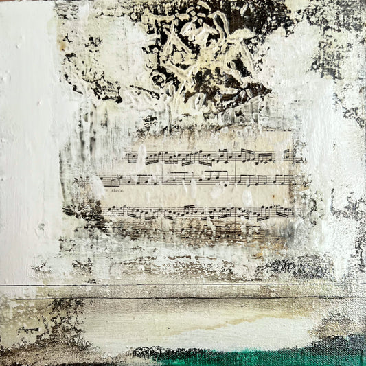 Silent Score – Textured Collage with Vintage Sheet Music | 11.8 x 11.8 Inches