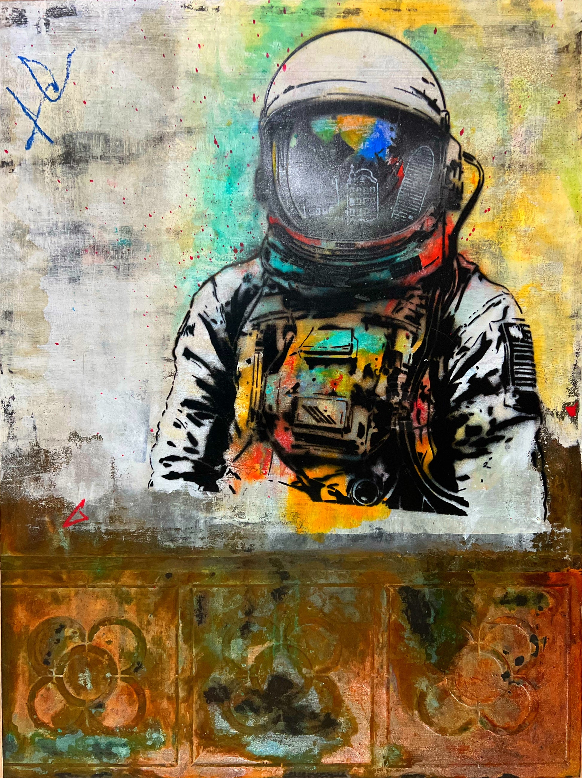 From BCN to the Moon by Sergio Aranda, original mixed media artwork on wood panel featuring an astronaut over textured architectural surfaces inspired by Barcelona.