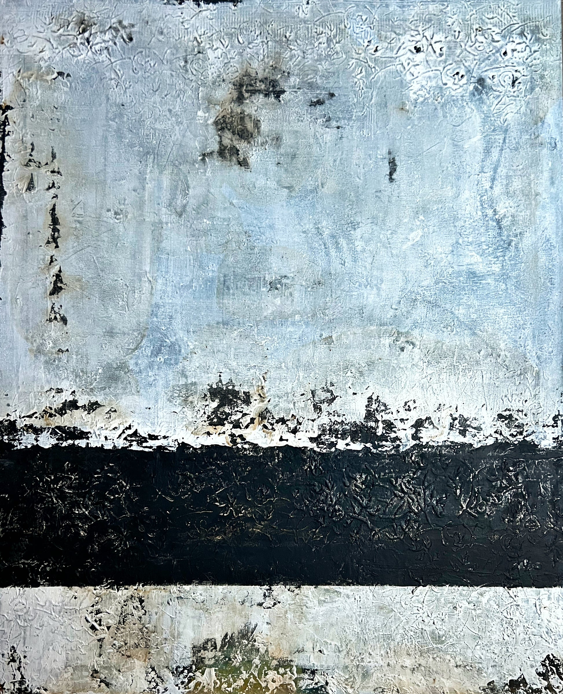 Fault Line by Sergio Aranda, original contemporary abstract painting with handcrafted 3D textures, marble dust, white and black minimalist composition on canvas, 100 × 81 cm.