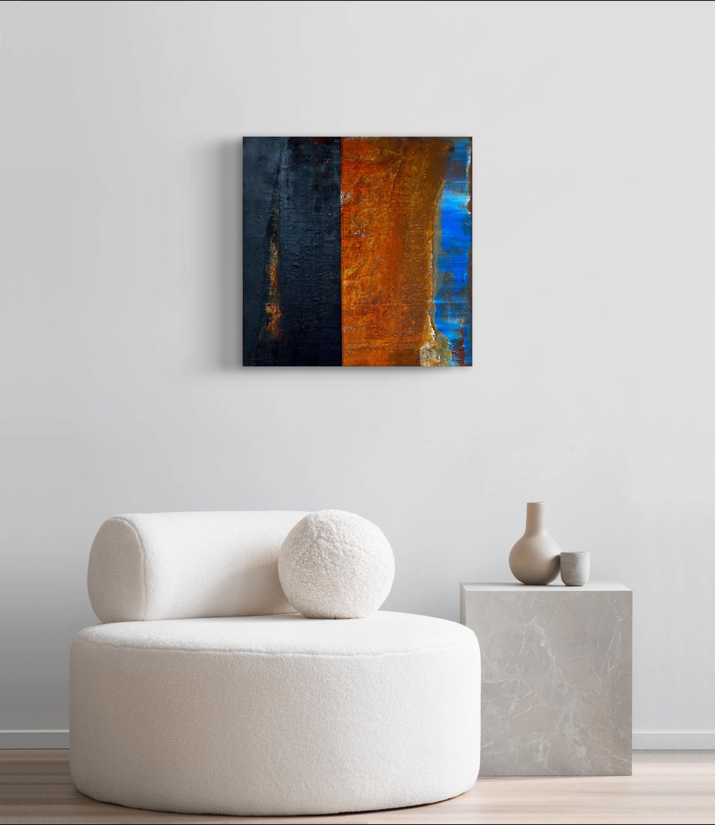 Atlas de lo Efímero | Original Minimalist Abstract Painting | Rust, Black & Blue Mixed Media on Canvas | 50 x 50 cm