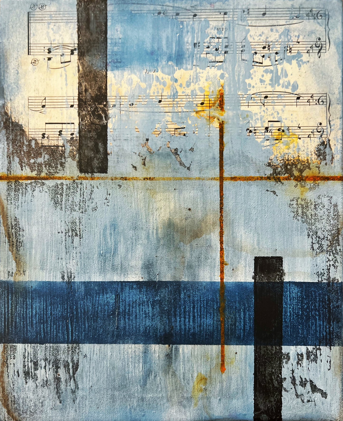 ECHOES OF A FORGOTTEN MELODY | Original Geometric Abstract Painting with Vintage Music Sheet Collage