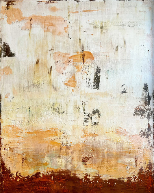 La Patine du Temps by Sergio Aranda, original abstract mixed media painting with textured rust effects in ivory, cream, ochre and burnt orange tones, 100 x 80 cm (39.4 x 31.5 in).