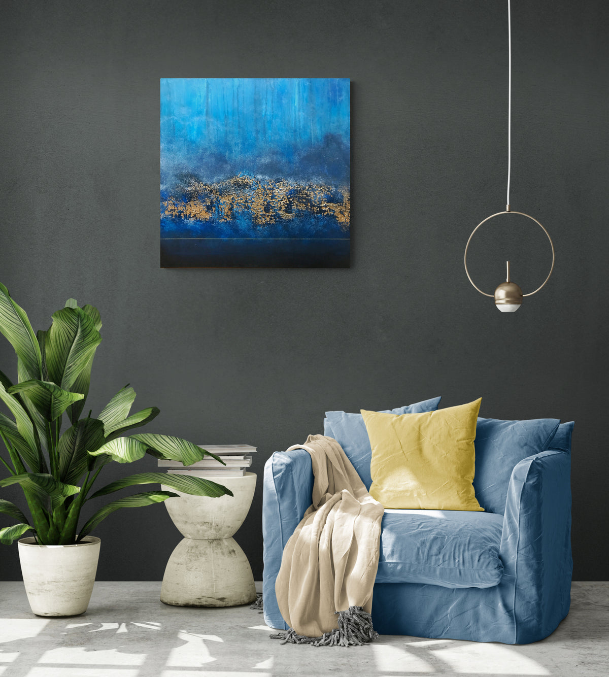 Blue & Gold Textured Abstract Painting "Golden Depths" – Original Mixed Media Art 50 × 50 cm