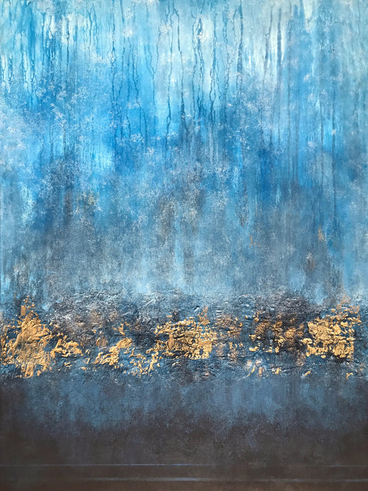 Le Ciel | Original Blue & Gold Abstract Painting | Textured Mixed Media on Canvas | 90 x 60 cm