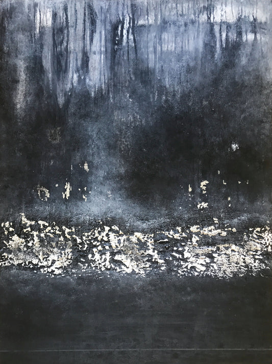 No. 2191 | Original Black & Silver Abstract Horizon Painting | Textured Mixed Media on Canvas | 35.4 × 23.6 in