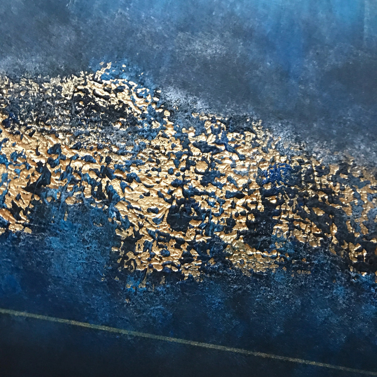 Blue & Gold Textured Abstract Painting "Golden Depths" – Original Mixed Media Art 50 × 50 cm