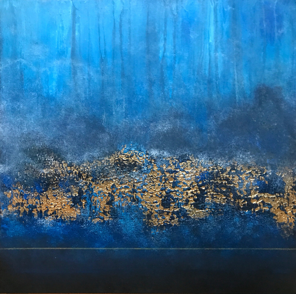 Blue & Gold Textured Abstract Painting "Golden Depths" – Original Mixed Media Art 50 × 50 cm