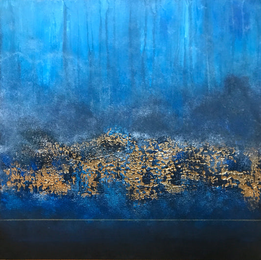 Blue & Gold Textured Abstract Painting – Original Mixed Media Art 50 × 50 cm
