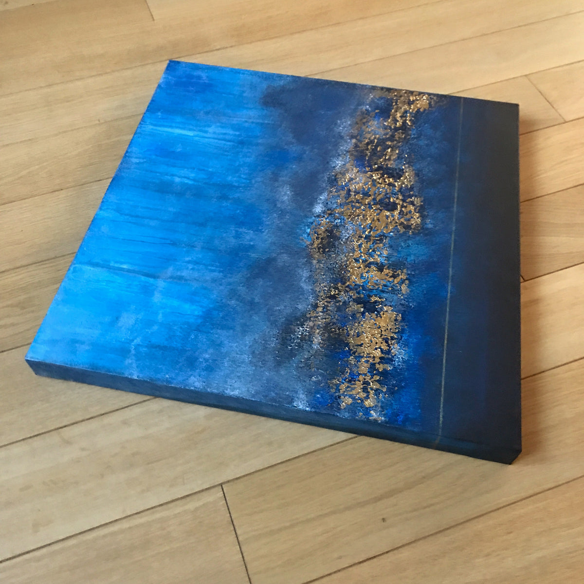 Blue & Gold Textured Abstract Painting "Golden Depths" – Original Mixed Media Art 50 × 50 cm