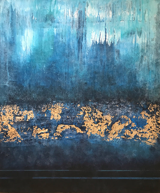 Submerged Strata | Blue & Gold Abstract Painting | Sergio Aranda