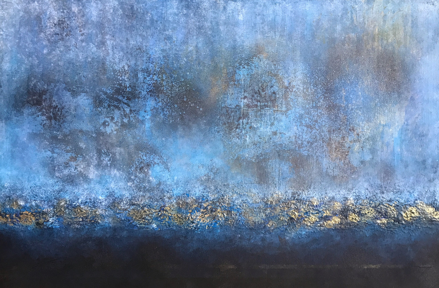 No. 2197 | Original Blue & Gold Abstract Horizon Painting | Textured Mixed Media on Canvas | 35.4 × 23.6 in