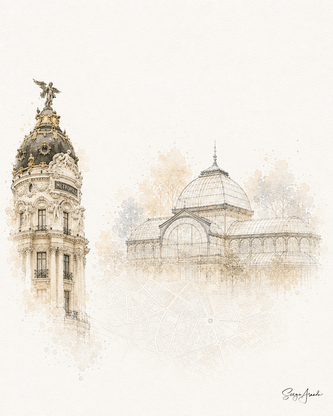 Madrid Metropolis Building & Crystal Palace Art | Urban Grids Collection | 18x24”