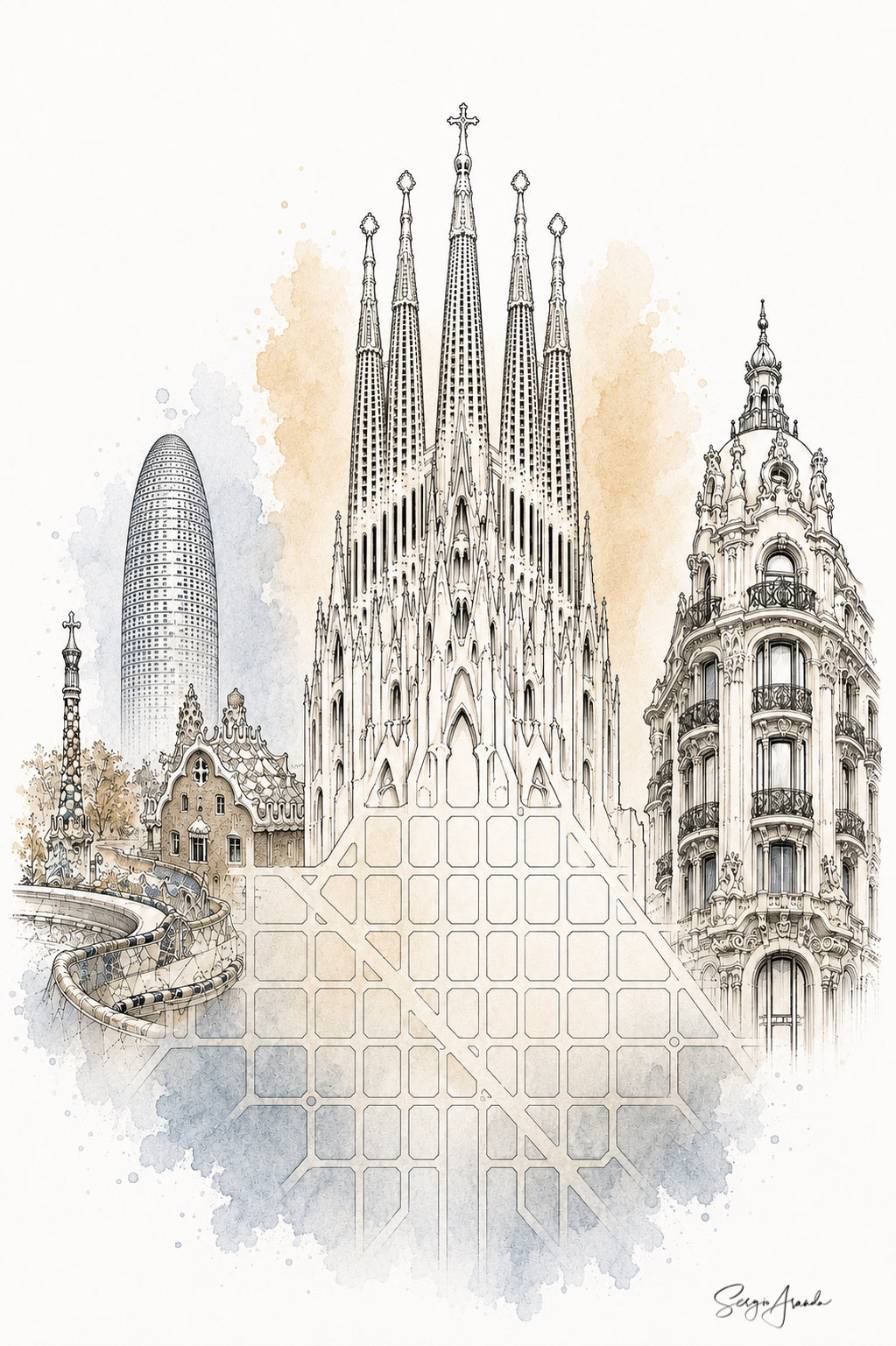 Urban Grids: Barcelona Sagrada Familia, Park Güell & Casa Comalat | 22x31”