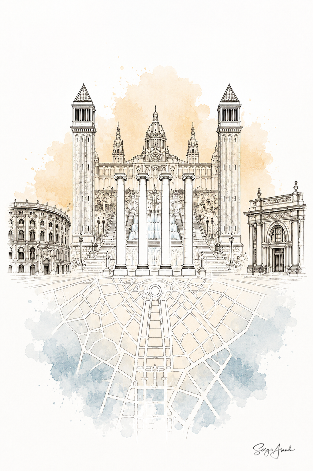 Urban Grids: Barcelona Plaza España Architecture | 22x31”