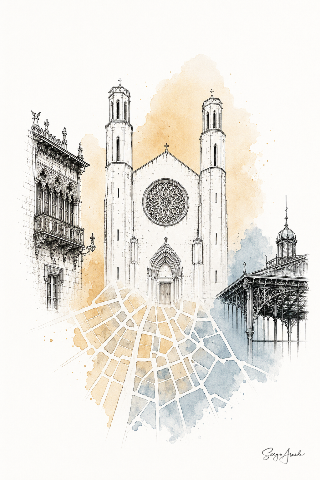 Urban Grids: Barcelona Santa Maria del Mar & Born Market | 22x31”