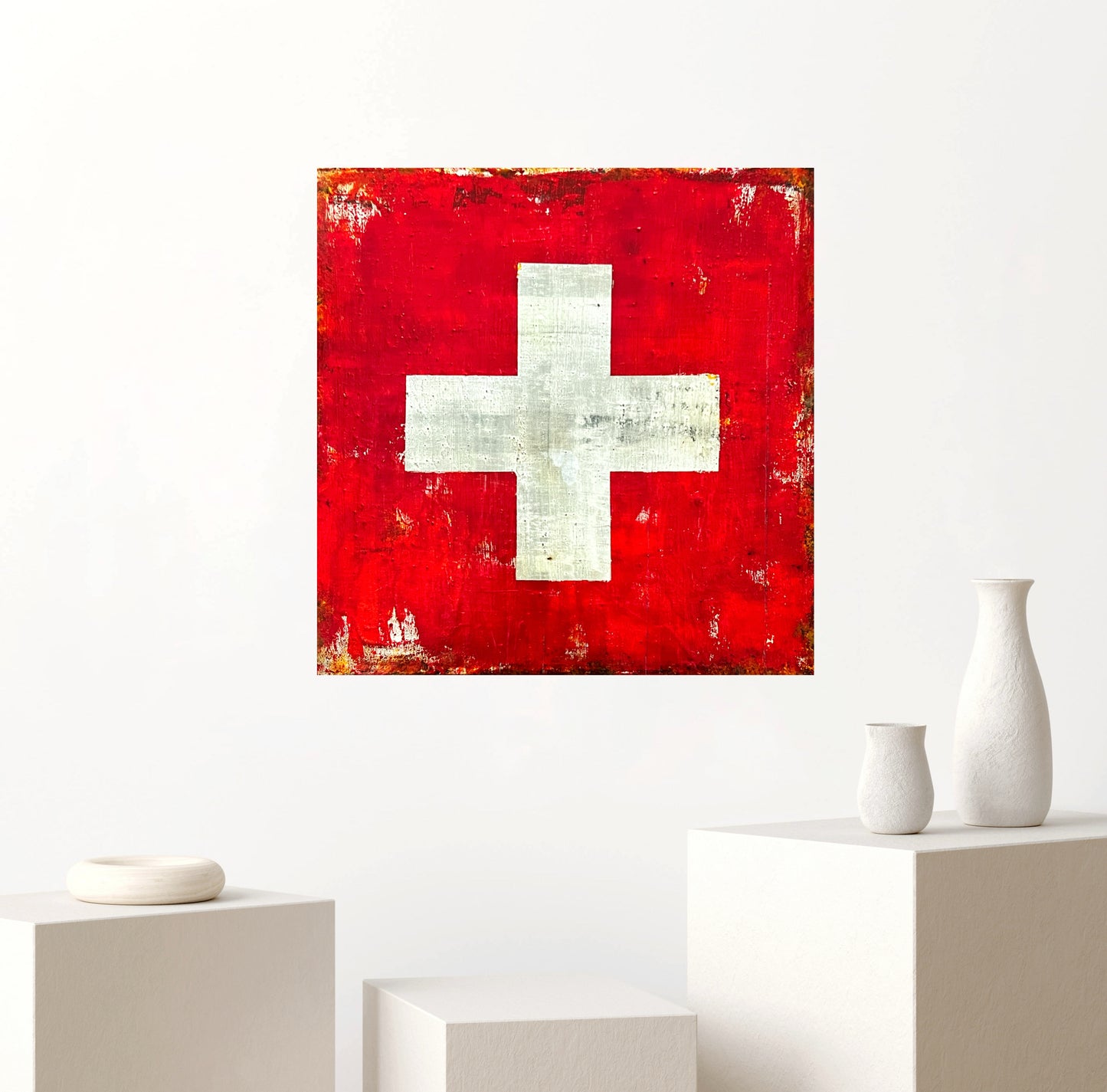 Rumantsch – Original Swiss Flag Textured Painting | 20x20” Mixed Media