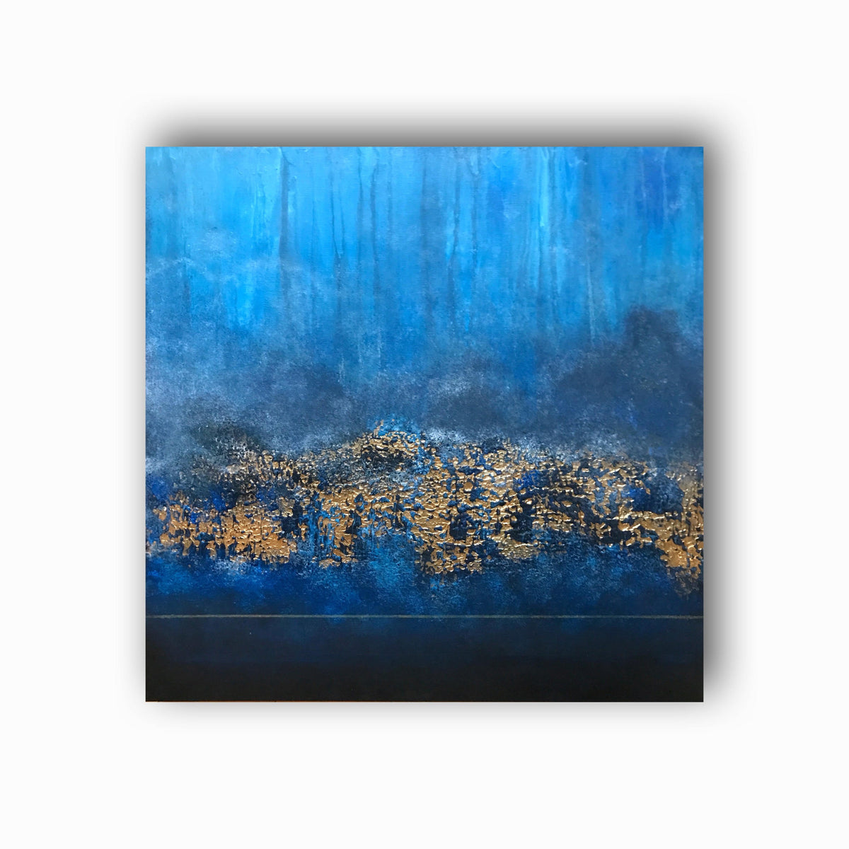 Blue & Gold Textured Abstract Painting "Golden Depths" – Original Mixed Media Art 50 × 50 cm