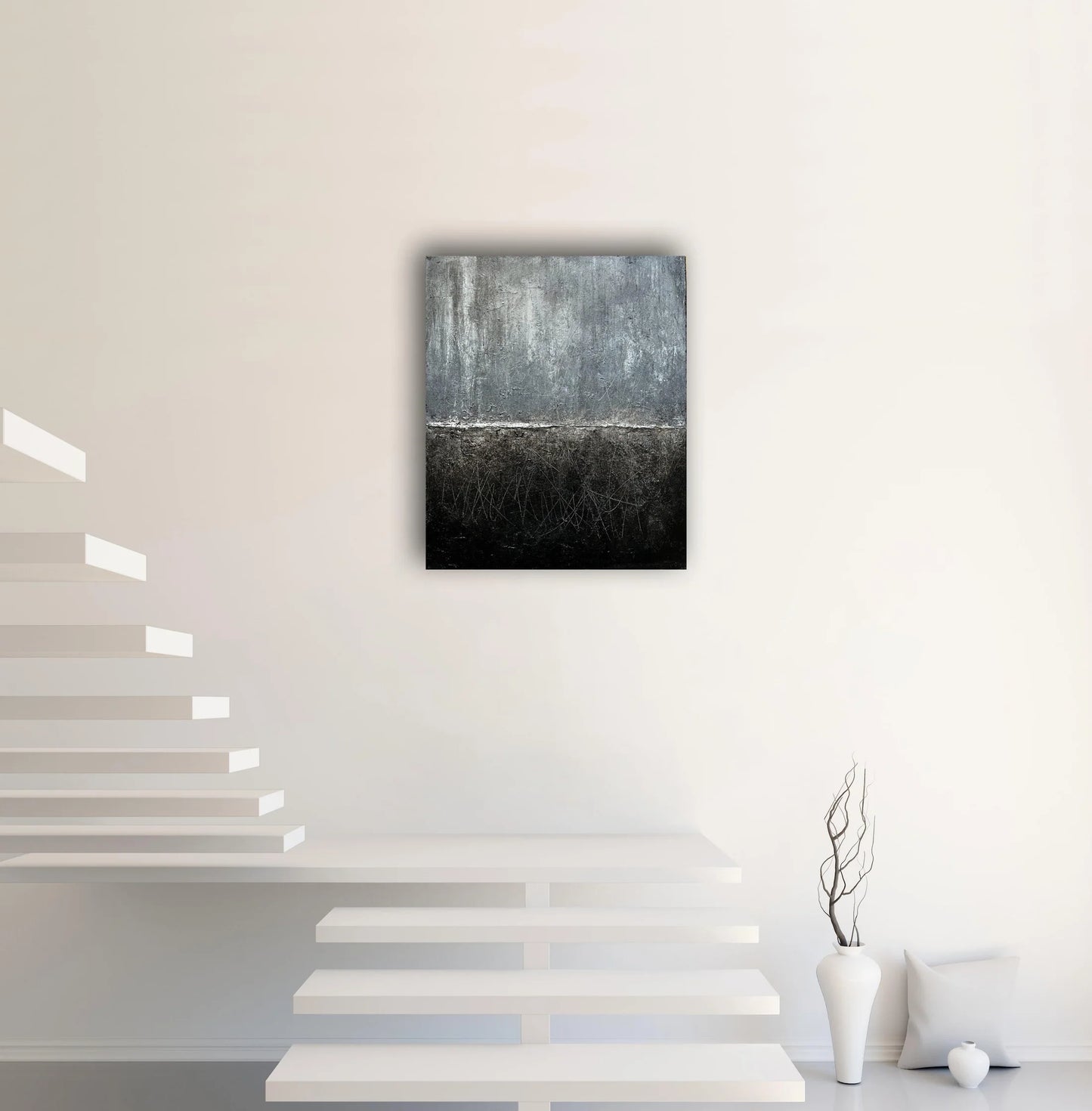 Silent Horizon | Original Minimalist Abstract Painting | Black, Silver & Grey Mixed Media on Textured Canvas | 60 x 50 cm