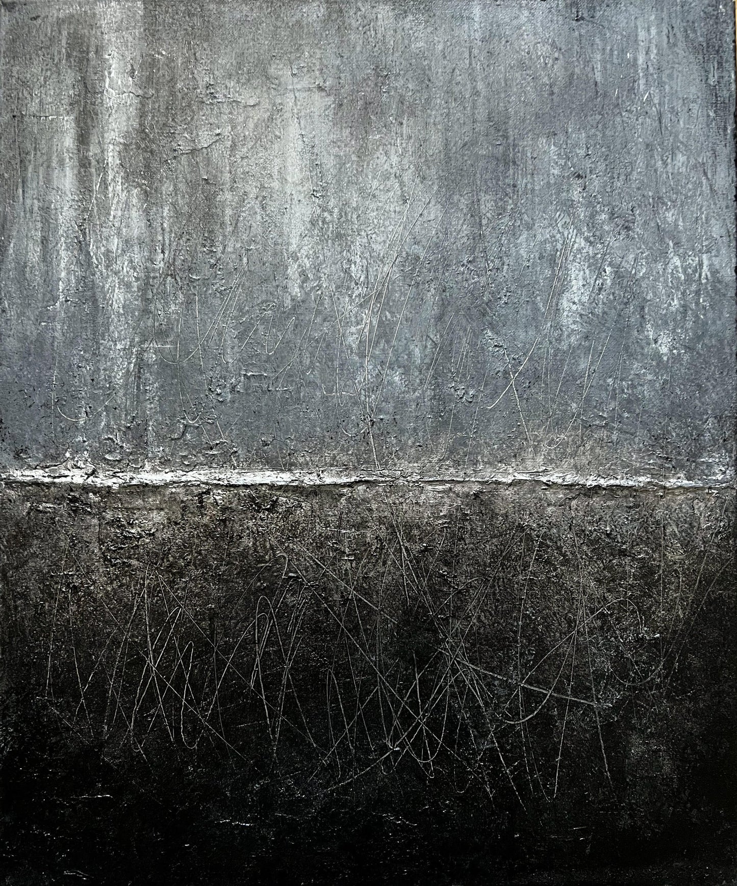 Silent Horizon | Original Minimalist Abstract Painting | Black, Silver & Grey Mixed Media on Textured Canvas | 60 x 50 cm