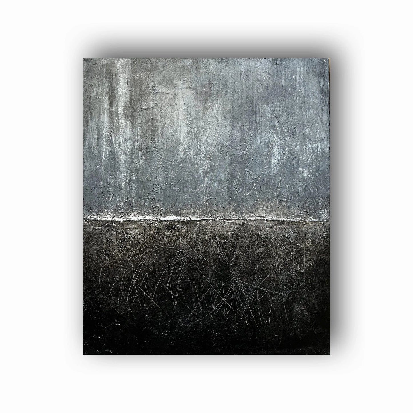 Silent Horizon | Original Minimalist Abstract Painting | Black, Silver & Grey Mixed Media on Textured Canvas | 60 x 50 cm