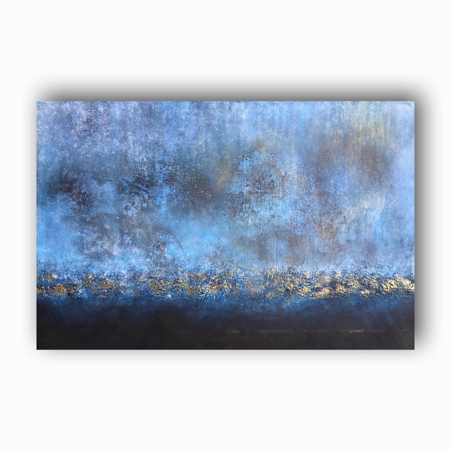 No. 2197 | Original Blue & Gold Abstract Horizon Painting | Textured Mixed Media on Canvas | 35.4 × 23.6 in